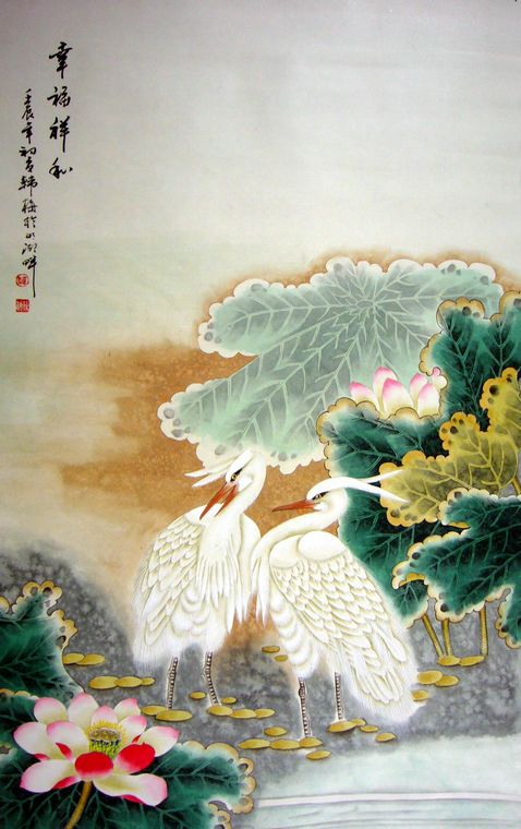 國畫荷塘白鷺