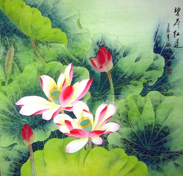 四尺工筆荷花圖