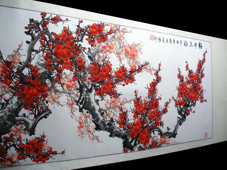 橫幅紅梅報春圖