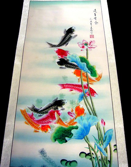 豎幅九魚國畫