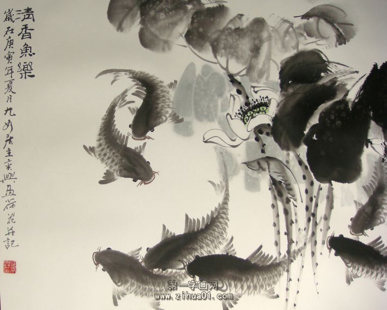 黑色水墨九魚圖