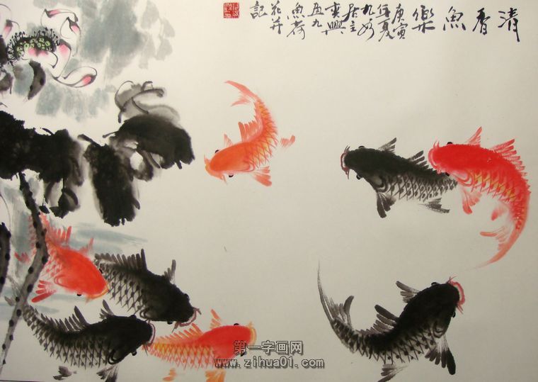 彩鯉荷花圖