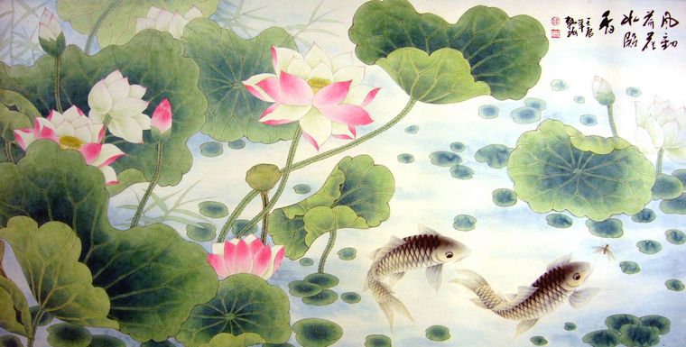 工筆畫荷花鯉魚
