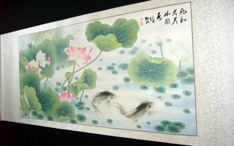 工筆畫荷花鯉魚