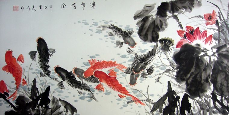 四尺橫幅國畫九魚