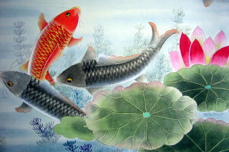 九魚荷花圖