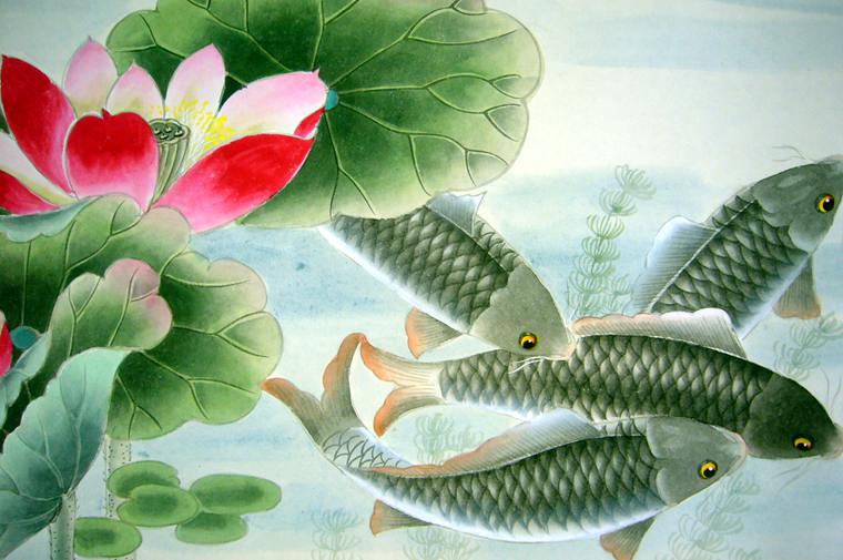 九魚荷花圖