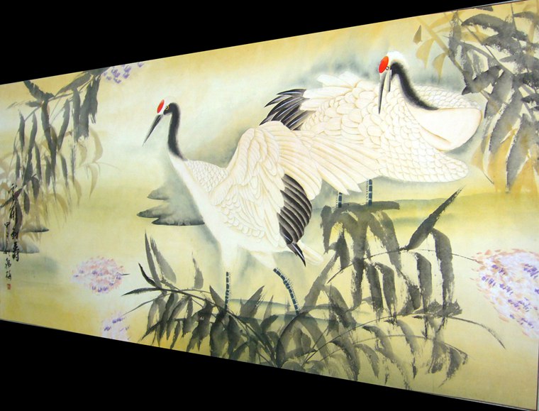 池塘白鶴圖