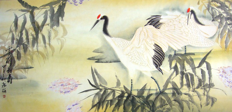 池塘白鶴圖