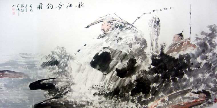 國畫秋江垂釣圖