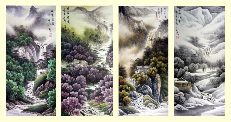 春夏秋冬山水畫(huà)四條屏
