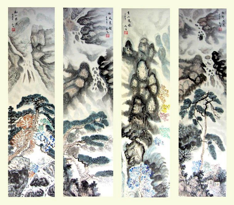 六尺對開山水畫四條屏